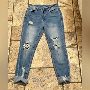Trendy Checkered Patch  Distressed Light Blue Jeans